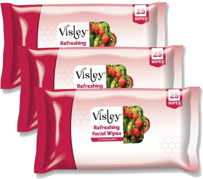 Visley Pack of 3 Face Wet Wipes Cleansing & Refreshing With STRAWBERRY(75 Tissues)