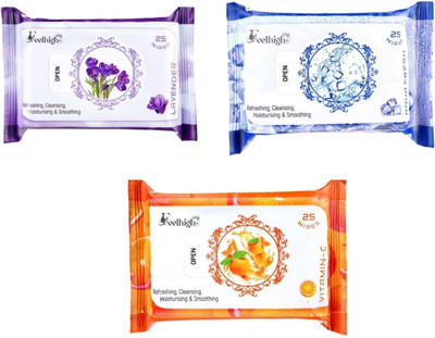 feelhigh Set 3 (Levender+Aqvafresh+VitaminC) 25 Each- Makeup Remover Refreshing Wipes(75 Tissues)