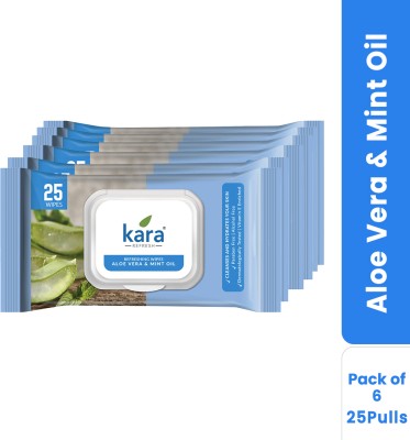 KARA Aloe Vera & Mint Oil Facial Wet Wipes 25 Pulls with Flip Top (Pack of 6)(150 Tissues)