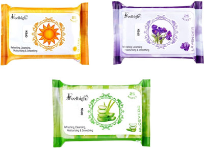 feelhigh Set 3 (Detan+aqvafresh+Aloevera) 25 Each- Makeup Remover Refreshing Wipes(75 Tissues)