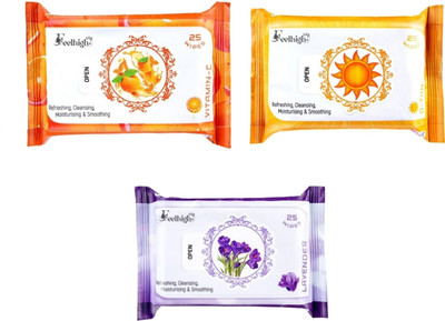 feelhigh Set 3 (Vitaminc+detan+levender) 25 Each- Makeup Remover Refreshing Wipes(75 Tissues)