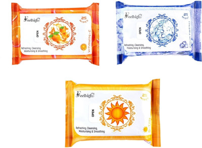 feelhigh Set 3 (Vitaminc+detan+aqvafresh) 25 Each- Makeup Remover Refreshing Wipes(75 Tissues)