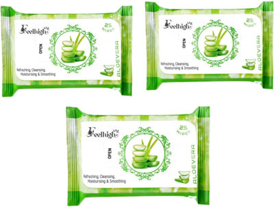 feelhigh Aloevera Daily Cleansing Facial Wipes 25 Each- Makeup Remover Refreshing Wipes(75 Tissues)