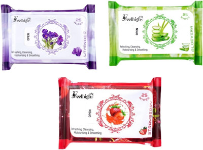 feelhigh Set 3 (Levender+Aloevera+Strawberry) 25 Each- Makeup Remover Refreshing Wipes(75 Tissues)