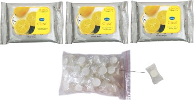 GINNI Clea Makeup Remover & Cleansing Wipes-Lemon (Set of 3)(Pack of 10) with Magic/Compressed Tissues (50 pcs candy pack)(4 Tissues)