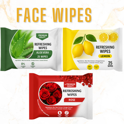 ShakalyaVeda Cooling & Soothing Face Wipes | With Rose Lemon Aloe | 3 Fragrance Pack(75 Tissues)