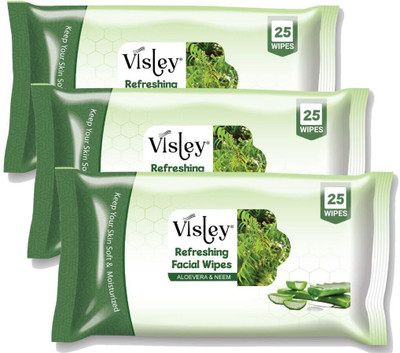Visley Pack of 3 Face Wet Wipes Cleansing & Refreshing With Aloe Vera &Neem(75 Tissues)(75 Tissues)