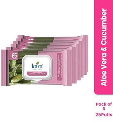 KARA Aloe Vera & Cucumber Facial Refreshing Wet Wipes - 25 Pulls (Pack of 6)(25 Tissues)