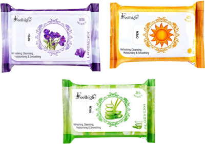 feelhigh Set 3 (Levender+Detan+Aloevera) 25 Each- Makeup Remover Refreshing Wipes(75 Tissues)