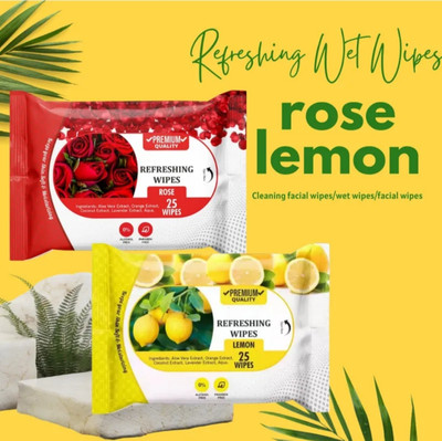 Deeparth Lemon & Rose Wet Wipes Combo – 25 Wipes Each, Makeup Remover & Face Freshener(50 Tissues)