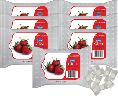 GINNI 50 Coin tissue | Makeup-Remover Cleansing Wet Wipes (Strawberry, Pack of 7)(8 Tissues)