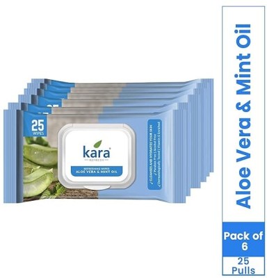 KARA Aloe Vera & Mint Oil Facial Refreshing Wet Wipes - 25 Pulls (Pack of 6)(25 Tissues)