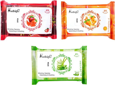 feelhigh Set 3 (strawberry+aloevera+VitaminC) 25 Each- Makeup Remover Refreshing Wipes(75 Tissues)
