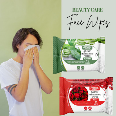 skinic Rose Aloe Vera Face Wipes – Refreshing Wet Wipes for Oily & Sensitive Skin(50 Tissues)