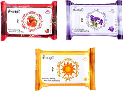 feelhigh Set 3 (strawberry+levender+detan) 25 Each- Makeup Remover Refreshing Wipes(75 Tissues)