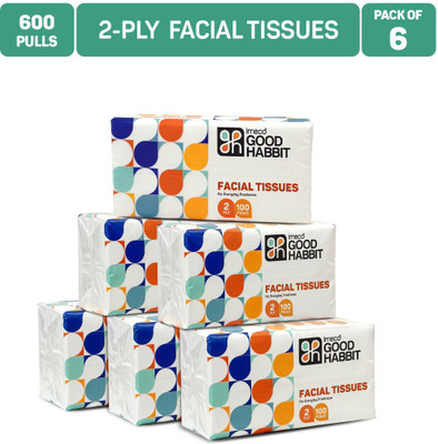 IMECO Good Habbit 2 Ply Facial Tissue | Soft & Absorbent Tissues | 100 Pulls Per Pack(600 Tissues)