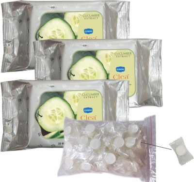 GINNI Clea Cleansing and Make-up Remover Wet Wipes (Cucumber)(pack of 3)(30 wipes per pack) with Coin Tissues (50 pcs) Candy Pack(4 Tissues)