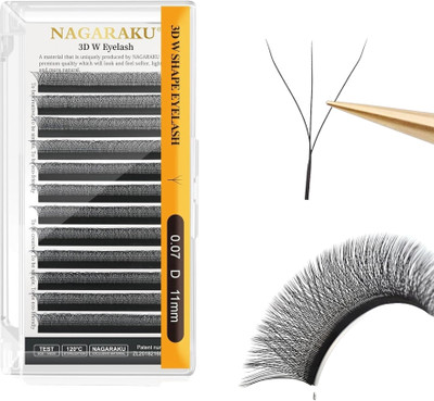 Nagaraku 3D W Shape Eyelash Extension Natural Soft Volume 0.07mm Curl-D 11mm Premade Fans(Pack of 1)