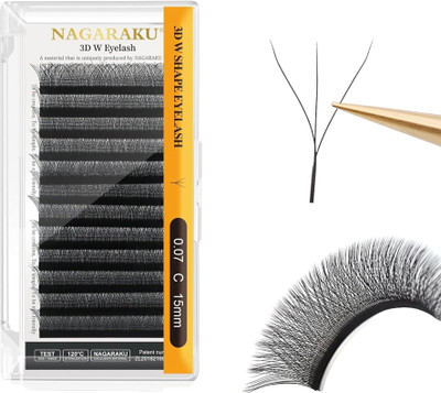 Nagaraku 3D W Shape Eyelash Extension Natural Soft Volume 0.07mm Curl-C 15mm Premade Fans(Pack of 1)