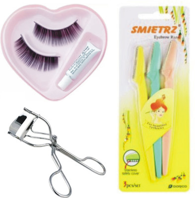 SMIETRZ Professional False Eyelash with Glue , Eyelash Curler & Eyebrow Razor Combo(Pack of 3)