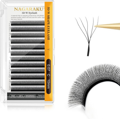 Nagaraku 5D W Shape Eyelash Extension Natural Soft Volume 0.07mm Curl-C 10mm Premade Fans(Pack of 1)