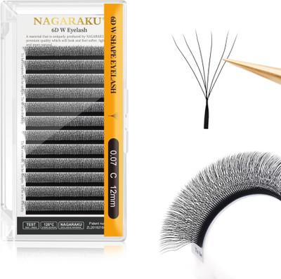 Nagaraku 6D W Shape Eyelash Extension Natural Soft Volume 0.07mm Curl-C 12mm Premade Fans(Pack of 1)