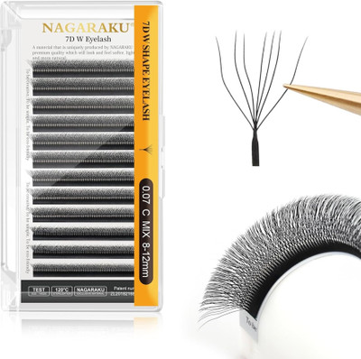 Nagaraku 7D W Shape Eyelash Extension Natural Soft Volume 0.07mm Curl-C 8-12mm Mix Fans(Pack of 1)