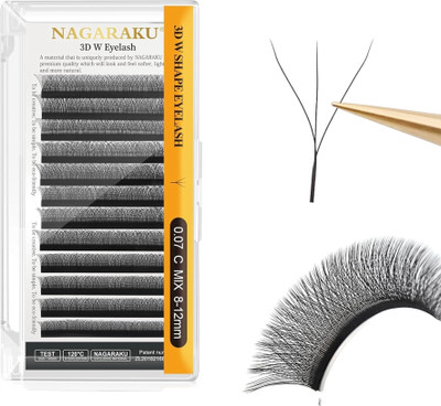 Nagaraku 3D W Shape Eyelash Extension Natural Soft Volume 0.07mm Curl-C 8-12mm Mix Fans(Pack of 1)