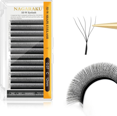 Nagaraku 5D W Shape Eyelash Extension Natural Soft Volume 0.07mm Curl-C 12mm Premade Fans(Pack of 1)