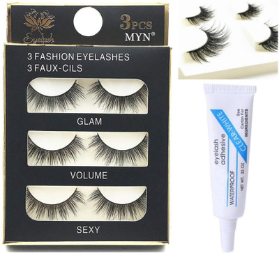 MYN Black Handmade Natural Thick Long Polyester,3P False Eyelashes with Eyelash Glue(Pack of 4)