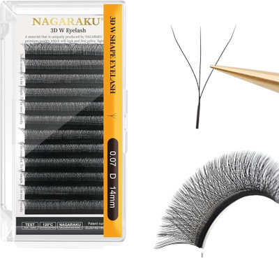 Nagaraku 3D W Shape Eyelash Extension Natural Soft Volume 0.07mm Curl-D 14mm Premade Fans(Pack of 1)