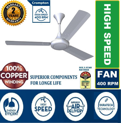 Crompton SUREBREEZE 400 RPM ULTRA HIGH SPEED 100% COPPER LONG LASTING LIFE 1200 mm Ultra High Speed 3 Blade Ceiling Fan (OPAL PEARL WHIITE, Pack…