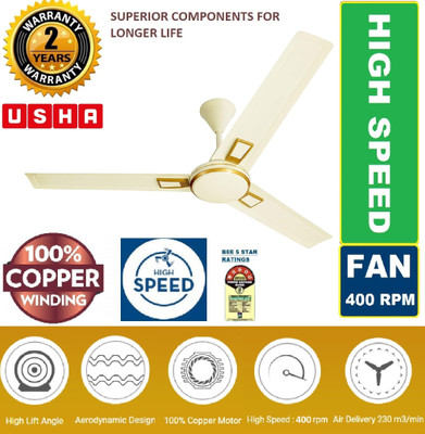 USHA SWIFT ALPHA CHROME 100% COPPER ULTRA HIGH SPEED LONG LASTING 1200 mm Ultra High Speed 3 Blade Ceiling Fan (SWIFT RICH IVORY, Pack of 1)