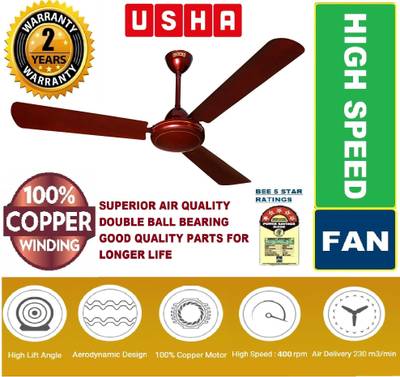 USHA SUPRA 100% COPPER ULTRA HIGH SPEED LONG LASTING DOUBLE BALL BREARING 1200 mm Ultra High Speed 3 Blade Ceiling Fan