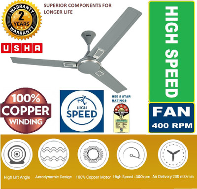 USHA SWIFT ALPHA CHROME 100% COPPER ULTRA HIGH SPEED LONG LASTING 1200 mm Ultra High Speed 3 Blade Ceiling Fan (SWIFT SMOKE GREY, Pack of 1)