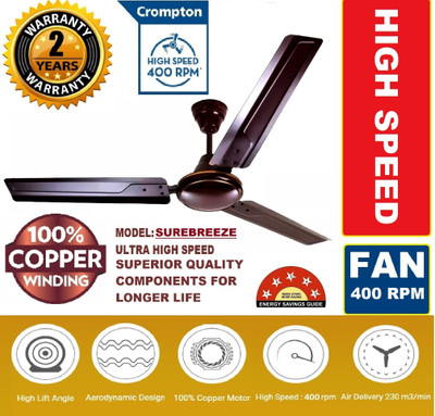 Crompton SUREBREEZE 400 RPM ULTRA HIGH SPEED 100% COPPER MOTOR LONG LIFE 1200 mm Ultra High Speed 3 Blade Ceiling Fan (LUSTRE BROWN RICH, Pack of 1)