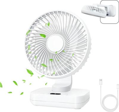 BAWALY USB Rechargeable Fan with 21 SMD LED Light Mini Table Fan USB Fan (Rose gold) Silent Operation 360 mm Table Fan(5 Star | White | Pack of 1)