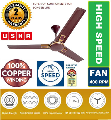 USHA SWIFT ALPHA CHROME DECORATIVE 100% COPPER ULTRA HIGH SPEED LONG LASTING 1200 mm Ultra High Speed 3 Blade Ceiling Fan (SWIFT SMOKE BROWN, Pack…