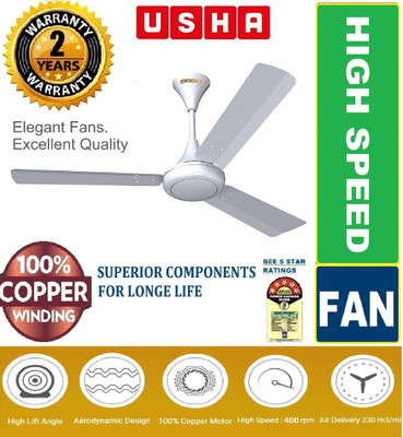 USHA SUPRA ULTRA HIGH SPEED 100% COPPER MOTOR LONG LIFE 1200 mm Ultra High Speed 3 Blade Ceiling Fan