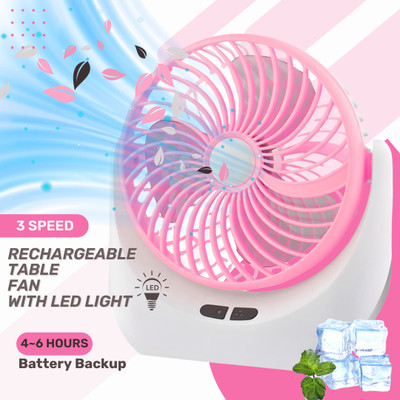 TECHOMANIA Portable Table Fan with LED SMD Light, 3 Hours Battery, 180° Vertical Rotation 1320 mm 3 Blade Table Fan(Ultra High Speed | Pink | Pack of 1)