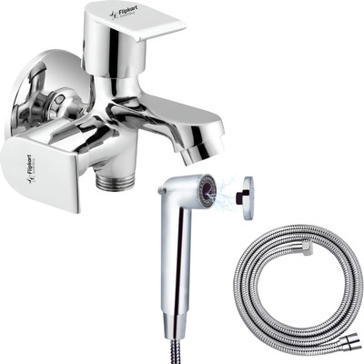 Flipkart SmartBuy Dzire Series Brass 2 Way Bib Cock |2 in 1 Tap Wall Mount (Set of 1) & Magnetic Health Faucet (SS 1.5m Tube)For Bathroom Chrome Finish Silver Plated Twin Elbow Valve Faucet(Wall Mount Installation Type)