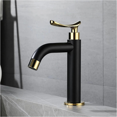 FLOWLET Basin Pillar Cock Tap Faucet for Wash Basin Gold & Matte Black Waterfall Bathroom Faucet - 7 inch Tall, Single Handle Faucet Pillar Tap Faucet(Deck Mount Installation Type)