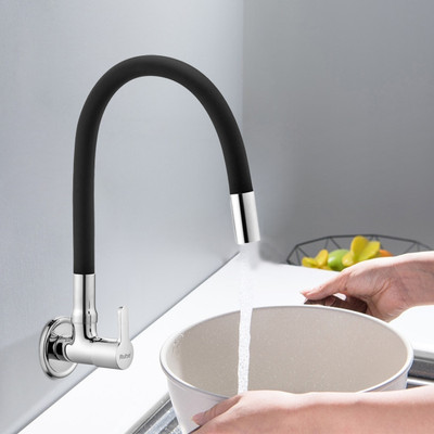 RUHE Pavo Sink Cock with Flexible Silicon Black Spout Faucet/Tap (Foam Flow) 20 Inches 360° Rotatable Super-Functional Water Tap for Kitchen Sinks Pillar Tap Faucet(Wall Mount Installation Type)