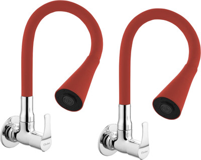 Clinton STEP Brass Sink Tap with Flexible Silicon Spout |(RED) - Set of 2 (Dual Flow Function) Pillar Tap Faucet(Wall Mount Installation Type)
