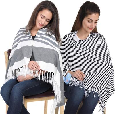 Lula Mom Breast Feeding Nursing Striped Shawl -Pack of 2 Feeding Cloak(Navy & Black)