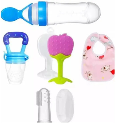 Flimora Combo of 5 Baby fruit nibbler, teether, finger brush, bib & spoon feeder  - Silicone(Multicolor)