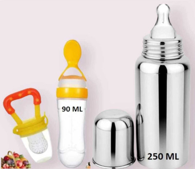 Goodies Outlet Stainless Steel Baby Milk Feeding Bottle250ML 304 GRADE With Silicon Food Feeder  - Stainless Steel and Silicone(Multicolor)