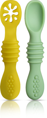 LuvLap Baby-Led Weaning Silicone Spoons,Set of 2, First Stage Self-Feeding Baby Spoon,  - Food Frade Silicone(Yellow & Green)