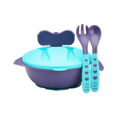 LuvLap Baby Feeding Bowl with Lid, Suction Cup, Spoon & Fork Set,  - Plastic + Silicone(Blue)