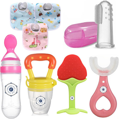 YOS TRENDZ Baby Fruit Feeder, Teether, Finger Brush, Bibs & Spoon Feeder Pack of 8  - Silicon(Multicolor)